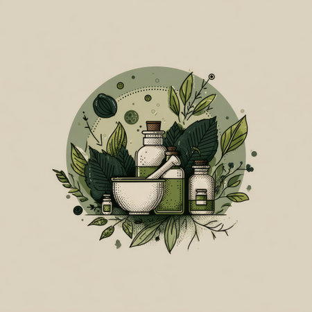 A botanical illustration features bottles and a mortar surrounded by leaves in a circular composition. The image displays a flat design with shades of green and beige colors. The style suggests a focus on herbal remedies, potentially suitable for wellness or health-related publications and commercial uses.の素材