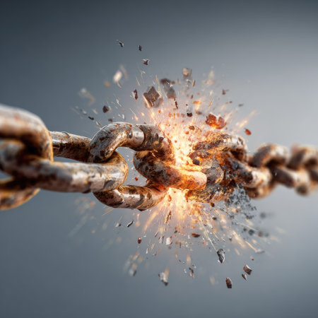 An image showcases a chain in the process of breaking apart. The central focus highlights the moment of rupture, with fragments dispersing in a dynamic display. The textures and materials suggest a metallic composition, illuminated by a burst of light. This visual is suitable for commercial and editorial applications, emphasizing concepts like liberation and resilience.の素材
