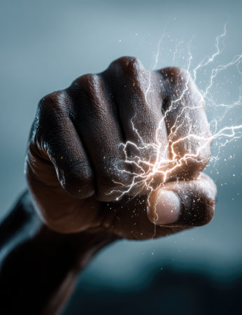 A close-up captures a clenched fist emitting glowing energy. The image showcases dramatic lighting with dark tones and electric visual effects. Ideal for representing concepts such as power, innovation or potential. Suitable for a range of commercial uses and advertising endeavors, illustrating strength.の素材