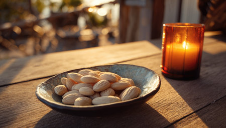 This image displays a bowl filled with almonds on a wooden table next to a lit candle. The warm lighting suggests an indoor setting, likely during the day. The composition features a shallow depth of field, with the almonds and candle in focus. Suitable for commercial and editorial purposes.の素材