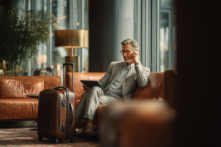 A well-dressed businessman is seated on a leather sofa, engaged in a phone call. He is holding a tablet, likely for work or communication. The scene is bathed in warm lighting with hints of green foliage. It could be used for various commercial or editorial purposes.の素材