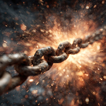 A close-up captures a corroded chain in the moment of breaking, highlighted with explosive sparks. The composition features warm, bright colors contrasted against the chain's texture. This artistic image suggests concepts of overcoming obstacles and may be suitable for various commercial or editorial uses.の素材