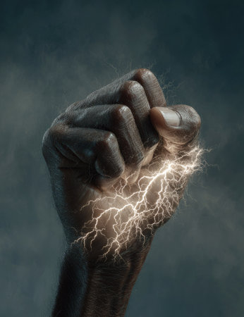 A close-up view presents a clenched fist, the skin tone suggesting a person of color. Energy, resembling lightning, erupts from the hand, creating a striking visual contrast. The image uses a dark, moody color palette with dramatic lighting and is suitable for various conceptual projects or editorial purposes.の素材