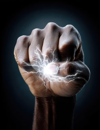 A close-up captures a clenched fist against a deep, dark backdrop. The hand displays a textured surface with the suggestion of powerful energy. Bright white lines of light appear to surge from the center of the fist. This visual could be utilized in commercial projects or editorial content.の素材
