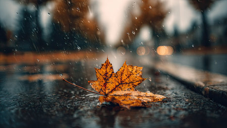An overhead close-up shows a vibrant orange leaf resting on a wet, reflective surface. The image captures raindrops and a blurred background suggesting an outdoor environment on a cloudy day. The composition and lighting create a moody and atmospheric scene suitable for various commercial or editorial applications.の素材