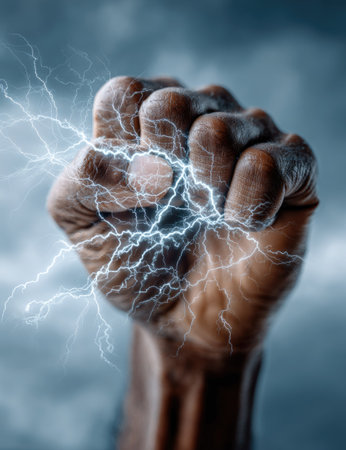This image presents a clenched fist with striking lightning bolts emanating from it. The composition showcases detailed textures, vivid colors, and dynamic lighting. It's suitable for various applications, including advertising, editorial content, and design projects that require visuals conveying concepts of strength and force.の素材