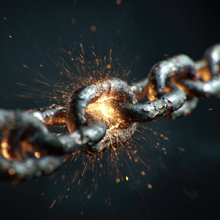 This image showcases a close-up of a rusty chain link undergoing a dramatic separation, accompanied by vibrant sparks. The composition features a shallow depth of field, emphasizing the texture and details. The color palette primarily consists of metallic grays, with warm orange hues from the sparks, and it conveys a sense of intense action suitable for various illustrative applications.の素材