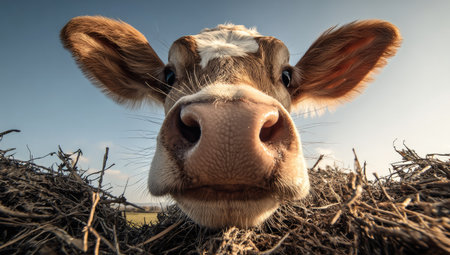A close-up shot captures a cow's face, emphasizing its large eyes and wet nose. The animal is set against a blurred background of a blue sky. The image features natural lighting and a shallow depth of field, suitable for various editorial and commercial applications. The composition draws focus to the bovine.の素材
