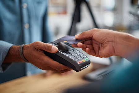An image captures a close-up of hands involved in a credit card transaction. One hand holds a card reader while the other inserts a card. The scene presents a light environment with soft lighting, suggesting an indoor setting. Suitable for various applications in business or financial contexts.の素材