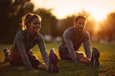 A man and woman are stretching on a grassy surface. The image displays warm tones from sunlight. They are in workout attire. Suitable for concepts of health, fitness, or outdoor activities. Composition shows focus on two people. Suitable for editorial and commercial applications.の素材
