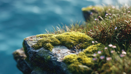 A close-up captures mossy rocks with green grass, wildflowers, and a blurred background of blue water. The composition showcases detailed textures, vibrant green and blue hues, and natural lighting. This image could be suitable for environmental, natural landscape, or artistic concepts in various creative projects.の素材