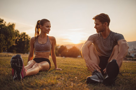 A fit couple sits on grass after exercising. The image features warm tones from the sunset, with a focus on healthy living. The composition is a medium shot capturing the pair in relaxed poses. It's suitable for illustrating fitness routines or themes of well-being, potentially for commercial applications.の素材
