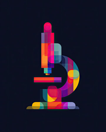 A vibrant illustration showcases a microscope crafted from geometric shapes and vivid colors. The design utilizes a modern, abstract style with a dark backdrop. The composition features a bold and striking presentation. Suitable for scientific, educational, and design applications, this image offers versatility.の素材