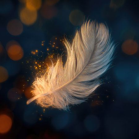 A close-up view presents a soft, white feather against a blurred background with scattered golden particles. The lighting creates a warm glow, highlighting the texture and fine details of the feather. This image may be suitable for creative projects, illustrations, or designs focused on softness, beauty, and elegance.の素材