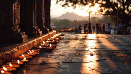 An image captures a row of glowing oil lamps set on a stone surface. The warm light from the flames contrasts with the darkening shadows. Silhouetted figures populate the background with a sun setting. This could be used for cultural, religious, or decorative purposes.の素材