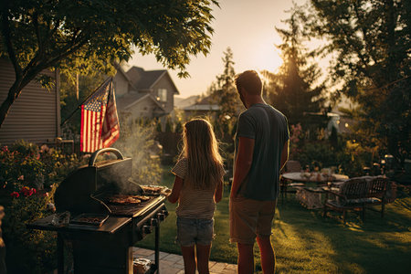 A man and child stand near a grill, observing a cooking process outdoors. Warm sunlight bathes the scene, highlighting the green grass and trees. The image showcases a casual outdoor gathering, suitable for commercial projects about lifestyle, leisure, or family.の素材