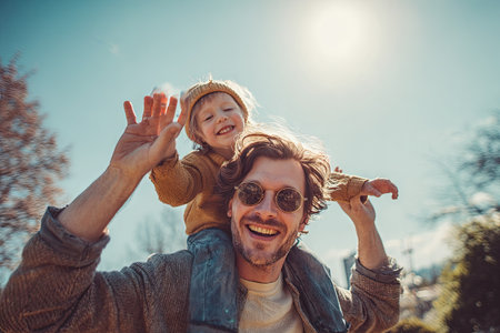 A man carries a child on his shoulders outdoors, both smiling widely. The composition emphasizes the relationship, with sunlight creating a warm atmosphere. The image displays a shallow depth of field, with soft focus on background elements. Suitable for illustrating family themes and concepts of happiness and leisure.の素材