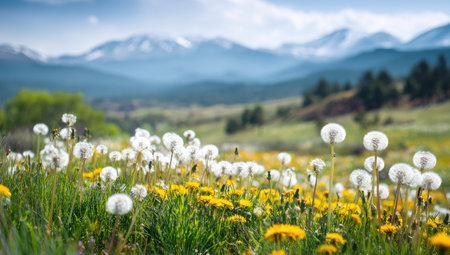 A vibrant field displays dandelions and yellow flowers under a clear sky. The image features a shallow depth of field, with soft focus on the background mountains and greenery. The scene presents natural lighting and rich colors, suitable for environmental, nature-related, and seasonal themes.の素材