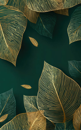 This image features stylized golden leaves against a dark green background. The composition is arranged in an overhead view, creating a sense of depth and texture. The artwork's color palette and arrangement could be useful for various design projects, including decorative applications and editorial illustrations.の素材