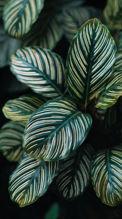 This image showcases a collection of unique, striped leaves, dominated by green and white hues. The composition focuses on the natural patterns, with overhead lighting. Its textures and contrasts are suitable for diverse applications, ranging from editorial content to creative projects.の素材