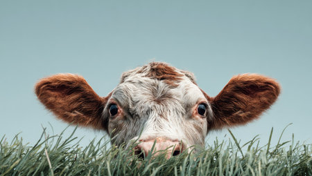 A close-up view presents a cow's head emerging from green grass, with a clear blue sky background. The image showcases the animal's eyes, ears, and patterned fur, highlighting a natural, outdoor scene. This photograph may be suitable for various editorial and commercial applications.の素材