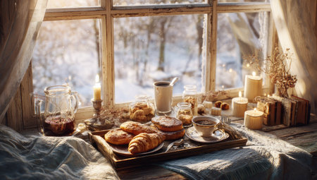 A breakfast arrangement displays bread, pastries, and a cup of coffee on a wooden tray. Natural light streams through a window, illuminating the scene. The composition features soft textures, warm tones, and a shallow depth of field, implying an indoor setting. This image could be suitable for food-related projects or lifestyle concepts.の素材