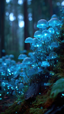 Luminous mushrooms, radiating a bright blue glow, are clustered on a mossy surface in a dark forest setting. The scene showcases a range of textures with focus on the glowing caps. A blurred background indicates depth, with potential use in fantasy illustrations or natural science publications.の素材