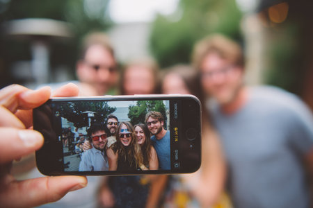 A group of friends takes a selfie outdoors. The image showcases a smartphone screen displaying a group portrait. The composition features a blurred background and natural lighting. This image could be suitable for lifestyle blogs, social media content, or various commercial projects.の素材