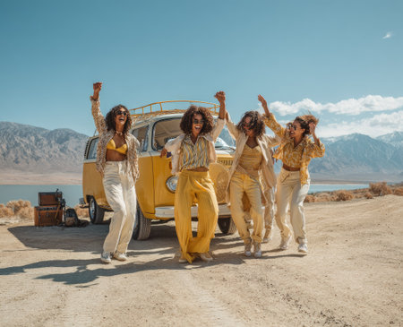 A group of people wearing matching color clothing joyfully celebrating near a classic vehicle. The scene is bathed in natural sunlight with a clear blue sky. This image captures a moment of happiness and could be suitable for lifestyle content or advertising campaigns.の素材