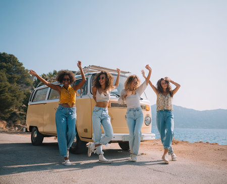 A group of women stand in front of a yellow van, raising their arms in celebration. They are dressed in casual attire against a backdrop of a clear sky and the ocean. The image displays a sense of freedom and togetherness, suitable for various lifestyle and travel-related visual projects.の素材