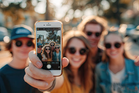 A group of young adults are gathered outdoors, smiling and posing for a selfie. The image is brightly lit with natural sunlight, showcasing a mix of warm and cool tones. The composition focuses on the person holding the phone and the people visible in the image. This picture could be used for lifestyle, social media, or travel content.の素材