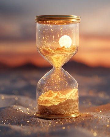 An hourglass filled with golden sand and a glowing orb, possibly representing the sun, creates a surreal scene. The image showcases an outdoor environment with soft lighting and a blurred background suggestive of a sunset. This conceptual artwork could be used in various commercial projects or editorial contexts, illustrating themes such as time and transience.の素材