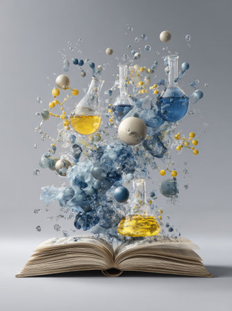 An open book serves as a base for a composition featuring laboratory flasks filled with colorful liquids. The image showcases an abstract arrangement of bubbles and particles in shades of blue and yellow. The style is modern, with smooth gradients and a neutral background, making it suitable for educational or scientific themes.の素材