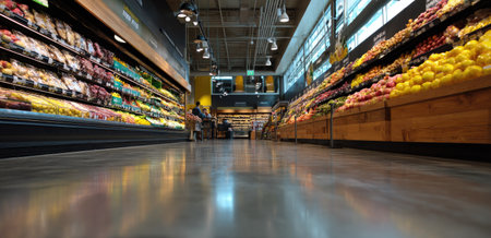 An interior shot reveals a grocery store with colorful produce arranged on shelves. The composition emphasizes a low-angle perspective, highlighting the polished floor and rows of fruits and vegetables. The lighting is bright and overhead. This image could be used for illustrating healthy eating, retail environments, or shopping experiences.の素材