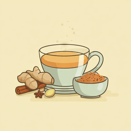 An illustration depicts a warm turmeric latte accompanied by ginger, cinnamon, and various spices. The composition showcases a light-colored cup with a rich, golden beverage next to small bowls and ingredients. This artwork is rendered with a simple, illustrative style. It would be suitable for promotional materials related to health and wellness.の素材