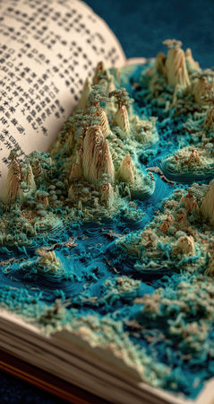 An open book displays a miniature landscape featuring textured mountains and a body of water, detailed with varying hues. The artwork employs a blend of colors and intricate detailing. The overall composition suggests an artistic concept or illustration. Suitable for use in design projects or for editorial purposes.の素材