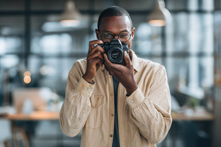 An individual, focused on photography, is captured indoors. He is holding a camera, framed by ambient interior lighting. The shot uses soft tones and the composition centers on the subject. Suitable for a range of uses including editorial, advertising, or visual content creation.の素材