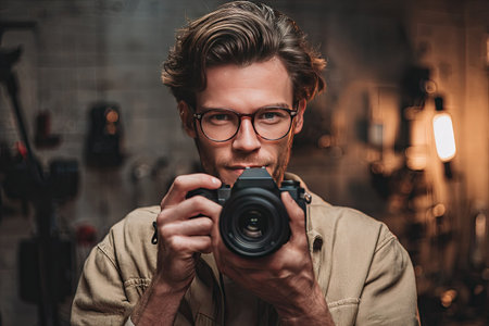 A man is holding a camera, appearing ready to take a photograph. The image exhibits warm tones with shallow depth of field, focused on the subject. The lighting appears artificial, suggesting an indoor setting. This image could be used for various commercial or editorial purposes.の素材