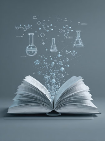 An open book with pages spread, visually suggesting the unveiling of science and knowledge. The image uses a cool gray palette with detailed, sketched science diagrams and bubbles emitting from the book. The composition, lit with soft light, offers a sense of discovery applicable to various educational and conceptual projects.の素材