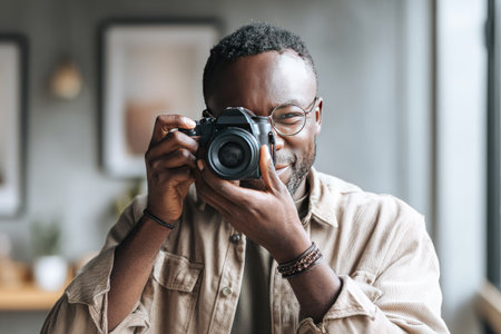 A man holds a camera to take a picture. He wears glasses, smiling. The image showcases a medium shot composition with soft, natural lighting. The color palette involves neutral tones and blurred background. Suitable for visual storytelling and content creation across various media.の素材