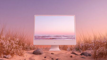 A computer monitor is displayed on a sandy surface, with a view of a calm ocean and sky reflected on the screen. The scene features warm colors and soft lighting, suggesting a tranquil environment. This image could be used for advertising, website design, or other creative projects needing a modern aesthetic.の素材