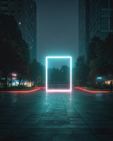 An illuminated neon square stands centered within a city setting during the evening. The image shows a square light source with a surrounding cityscape. The composition includes buildings, trees, and streaks of color on wet pavement, suggesting a modern environment. This photograph could be useful for a variety of conceptual or design-related projects.の素材