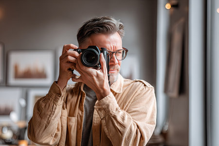 A man is seen focused while using a digital camera. The image showcases the photographer indoors with neutral walls, possibly a home or studio setting. The composition features soft lighting with a focus on the subject. Suitable for a variety of commercial and editorial applications, this image offers copy space.の素材