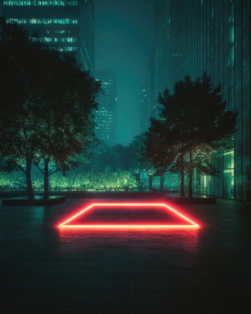 A vibrant red neon square glows against a shadowy urban backdrop. The artwork showcases a futuristic architectural design with tall buildings and trees. The scene is illuminated by artificial lights, creating a mysterious atmosphere. It might be used for promotional material or concept art.の素材
