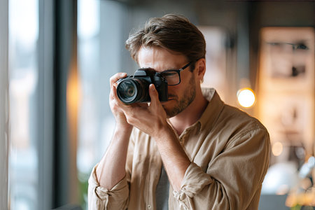 A man wearing glasses is holding a camera, focused on taking a photo. He is indoors, likely near a window with natural light. The composition features soft, diffused lighting and a neutral background. This image could be used for various commercial or editorial purposes related to photography and lifestyle.の素材