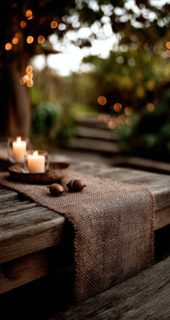 An outdoor table setting displays candles, a decorative runner, and natural elements. The composition features a wooden table, softened by a shallow depth of field. The scene evokes a cozy ambiance. This image can be used for editorial, decorative, or commercial purposes.の素材