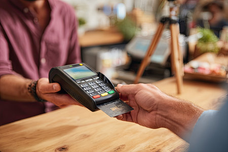 A close-up view displays a person paying with a credit card at a retail establishment. The scene features a point of sale terminal and hands interacting. Warm lighting illuminates the wooden counter and nearby objects. This image is suitable for illustrating financial transactions, commerce, and retail concepts.の素材