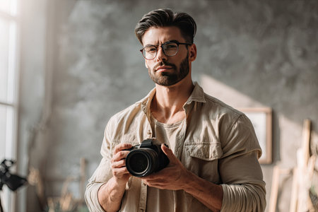 A man stands indoors, holding a camera, his gaze directed forward. He wears glasses and a neutral-toned shirt, illuminated by natural light. The background features a textured wall and blurred objects. This image could be used in various commercial applications related to photography, portraiture, and lifestyle.の素材