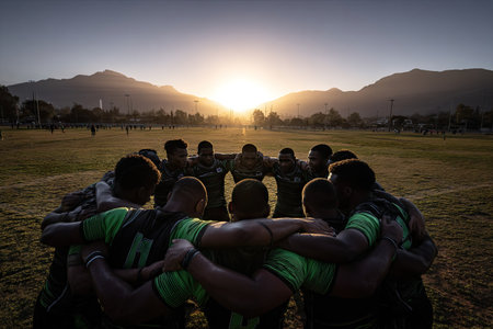 A rugby team huddles together on a grassy field with the setting sun behind them, casting long shadows. The image showcases a circular composition with players wearing athletic attire. The scene is illuminated by warm, golden light and surrounded by mountains. This visual is suitable for depicting teamwork, sports, or motivational themes.の素材