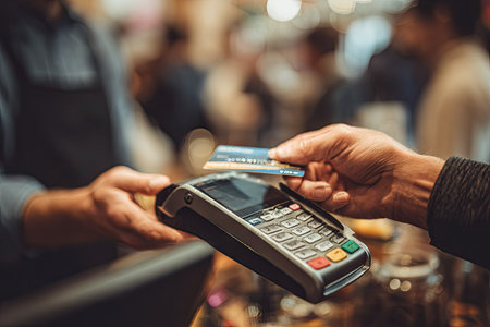 A close-up view depicts a hand holding a credit card over a payment terminal, indicating a financial transaction. The image showcases a shallow depth of field, with soft lighting and neutral tones. This scene could be used for illustrating e-commerce, banking, or modern retail contexts. This image is suitable for various commercial applications.の素材